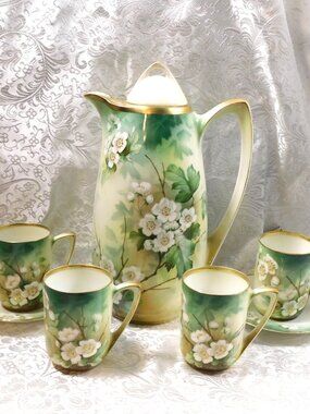 Green Reinhold Schlegelmilch RS Germany Chocolate Pot  with Four Cups # 27231